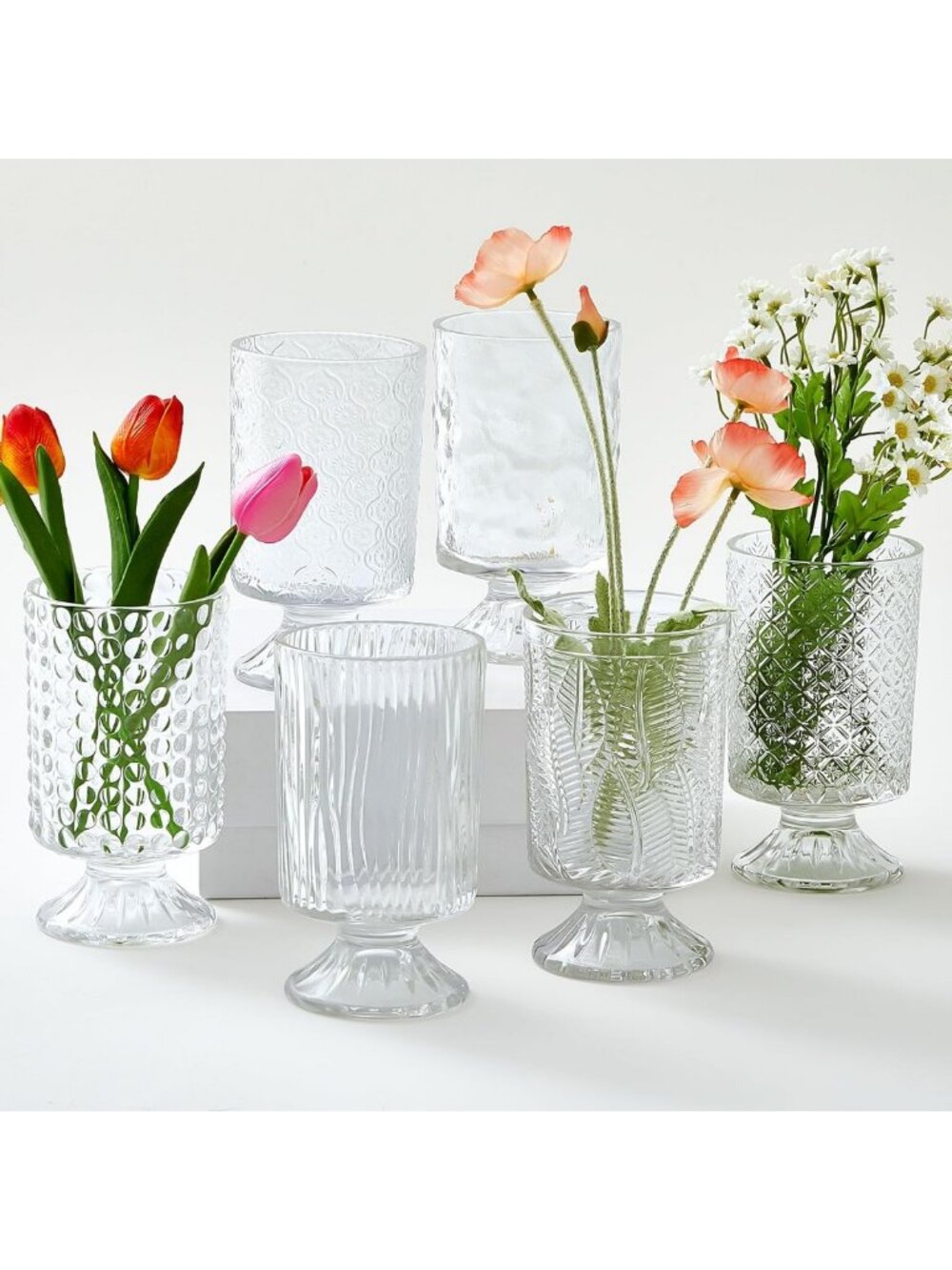 Set of 6 Embossed Flower Vases - Clear Glass Pedestal Decor, 7” H x 4” W